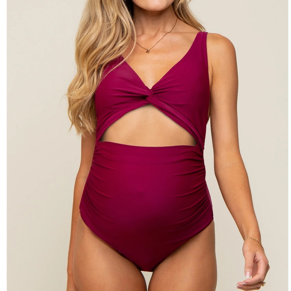 Plum Ruched Sides Front Cutout Maternity One Piece Swimsuit Charmo Size Large